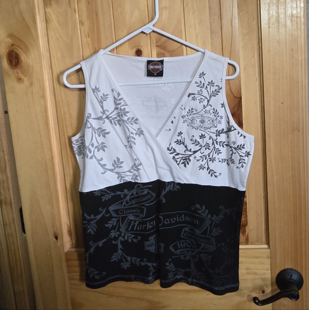 Vintage Women's Harley Davidson Tank Top Black And White Size 1x Made In USA